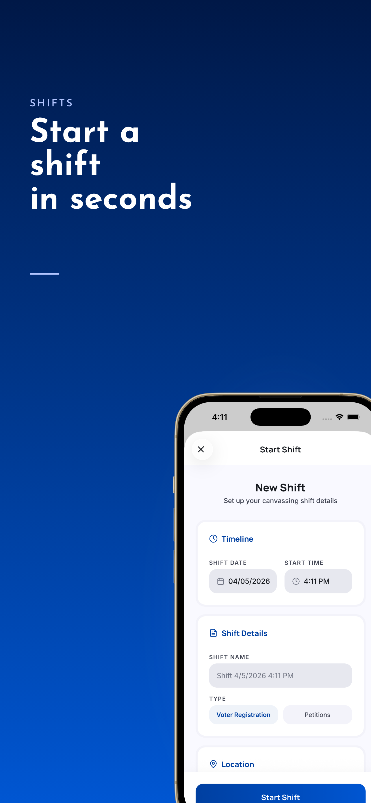 Turnout new shift form with timeline and details