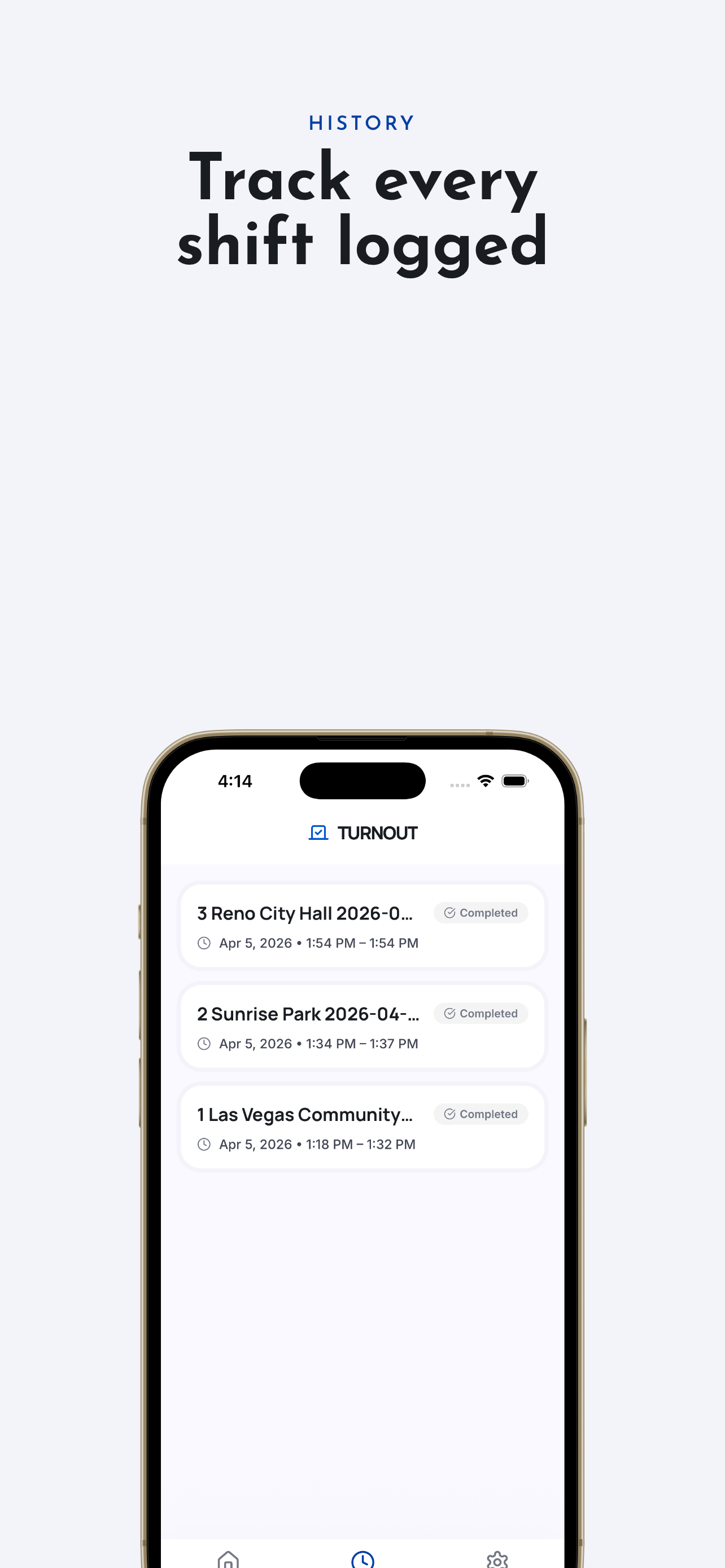 Turnout shift history list showing completed shifts
