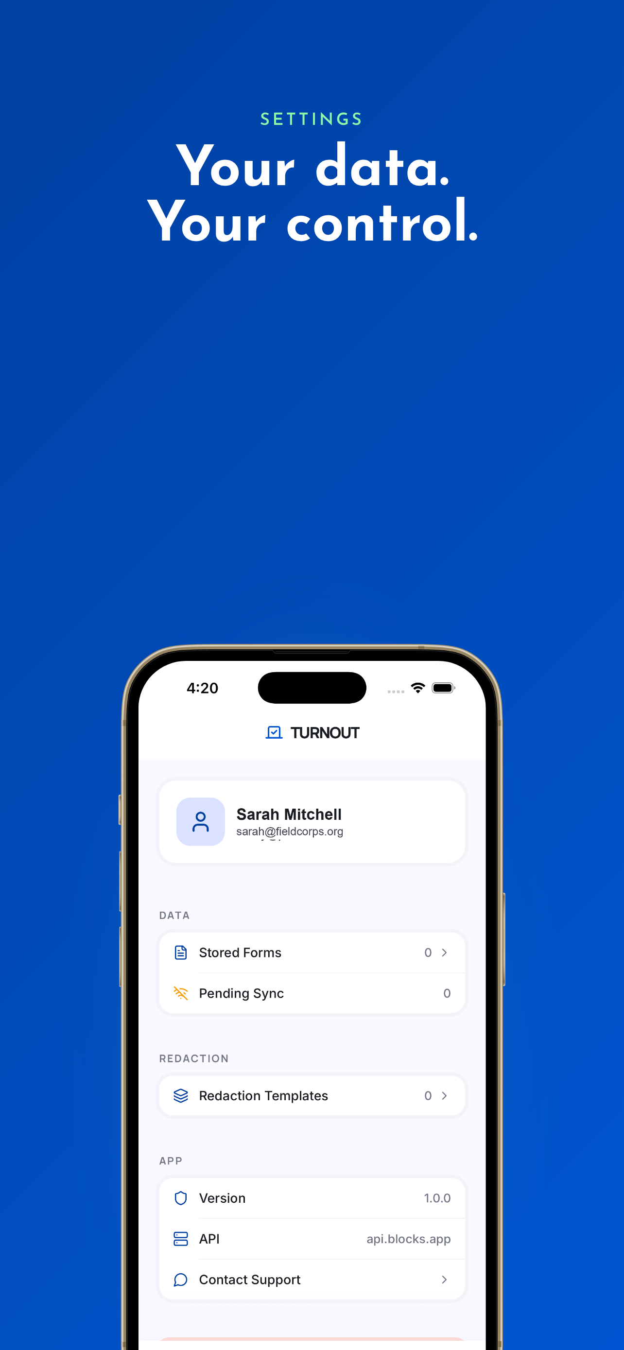 Turnout settings showing sync status and data controls