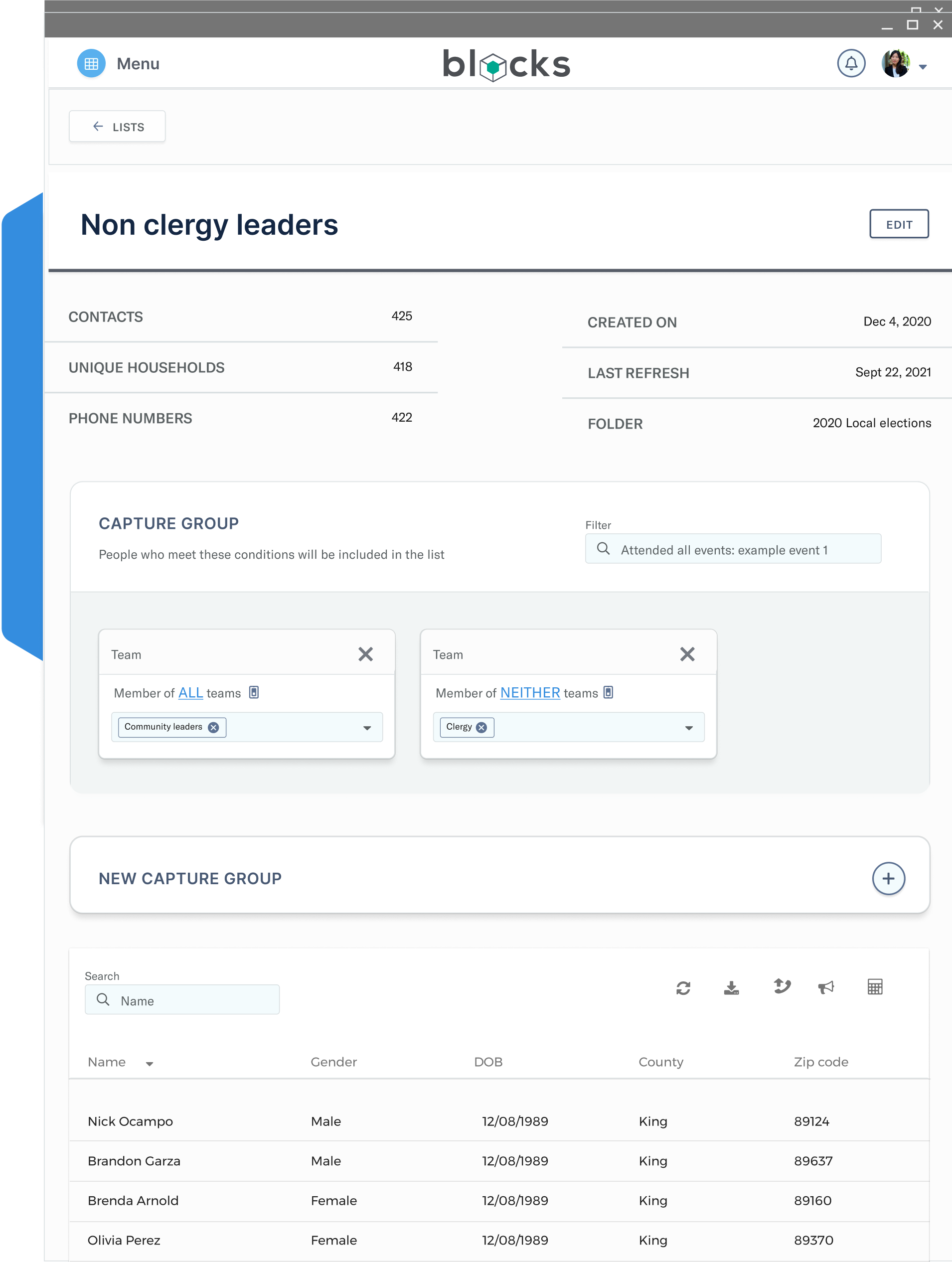 Blocks lists view