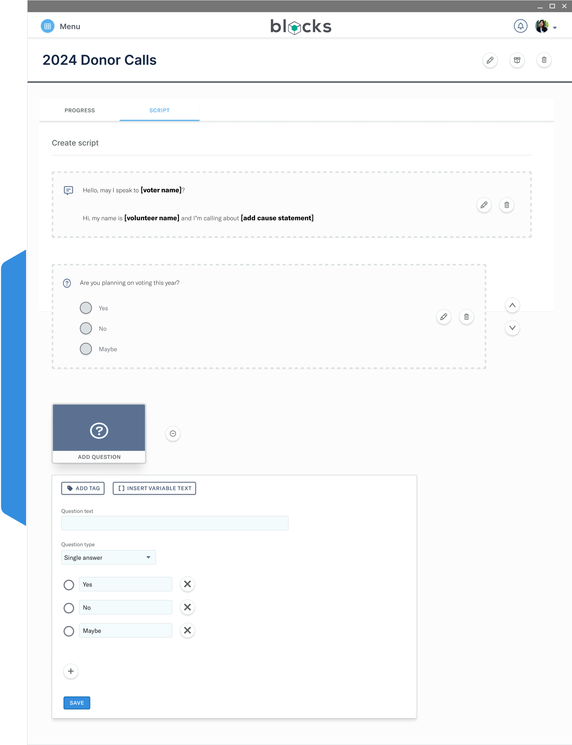 Blocks phone bank scripts view